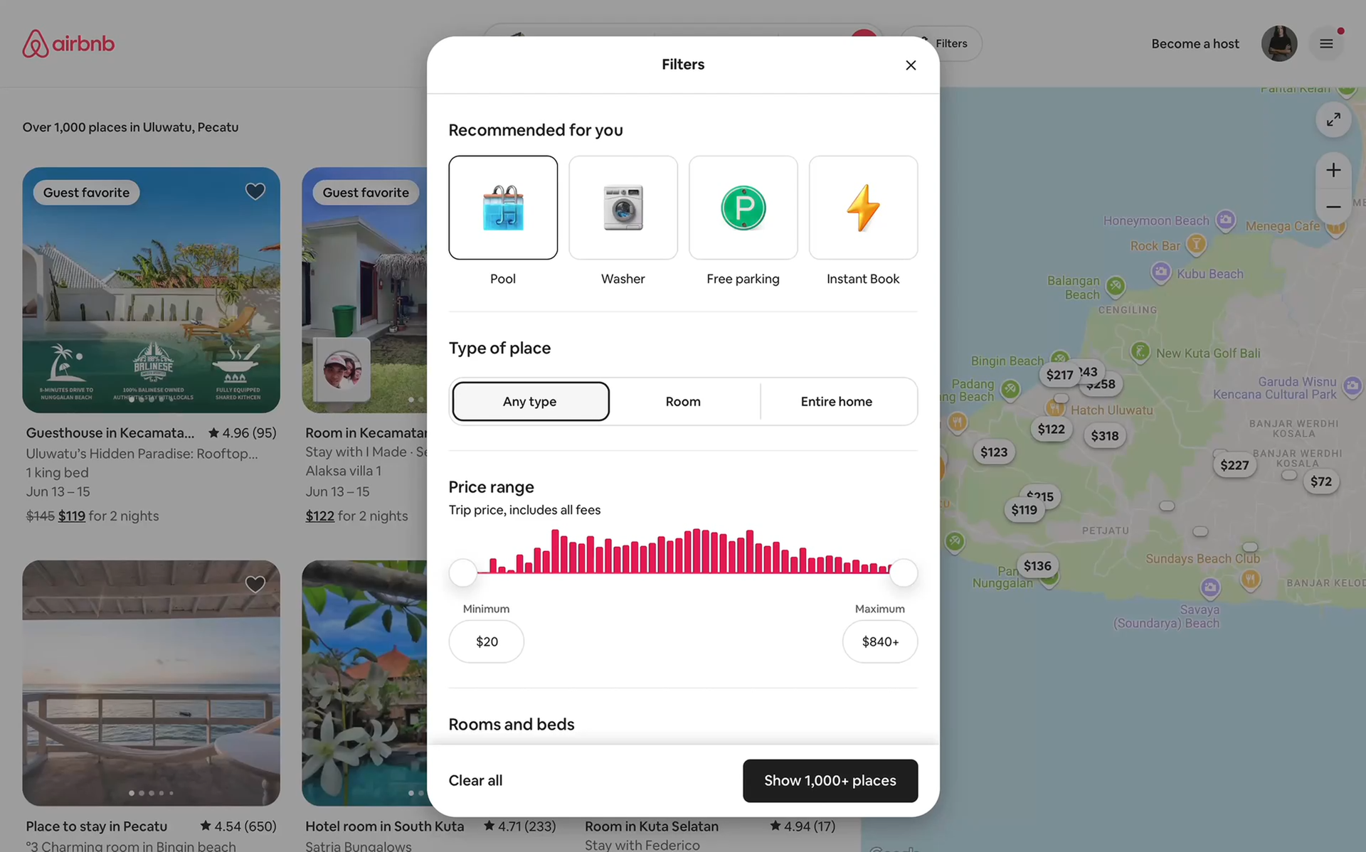 Airbnb listing filter modal being evaluated by an AI persona